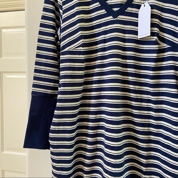 Universal Standard Rhine V Neck Color Block Cuff Dress Blue White Stripe 4 NWT - Picture 6 of 12